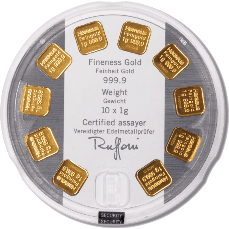 10 x 1 g Goldbarren Heraeus MultiDisc -KW 14- – Bild 2