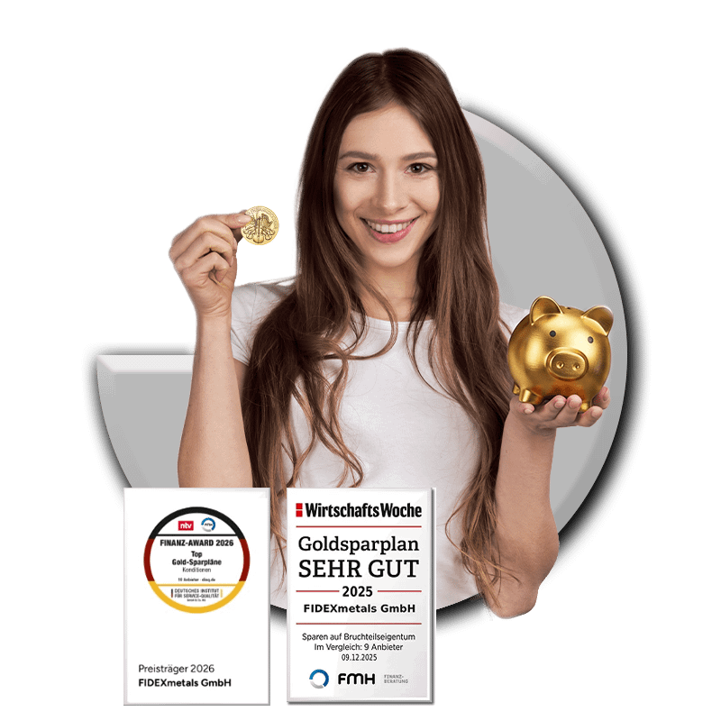 Eine Frau die eine Münze hochhält und oben links steht Goldsparplan