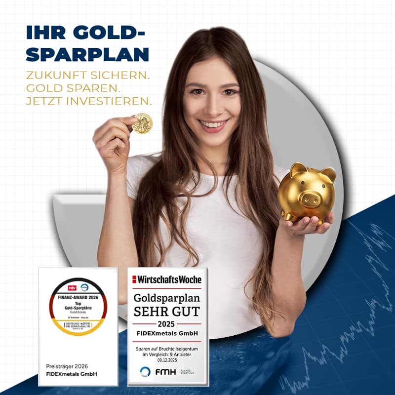 young woman Goldsparplan mit BG Eine Frau die eine Münze hochhält und oben links steht Goldsparplan